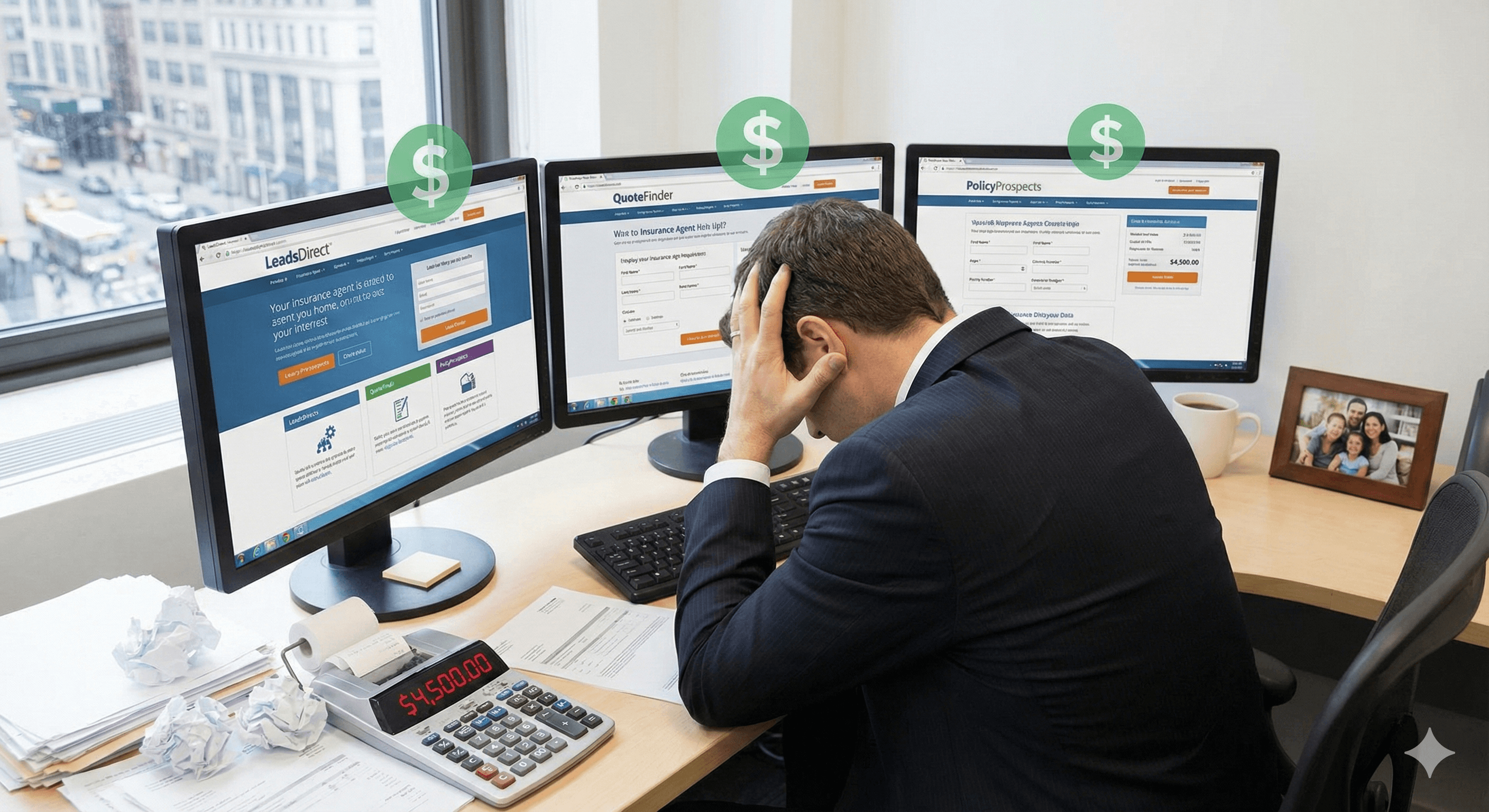 Insurance agent overwhelmed by multiple lead company websites showing high costs