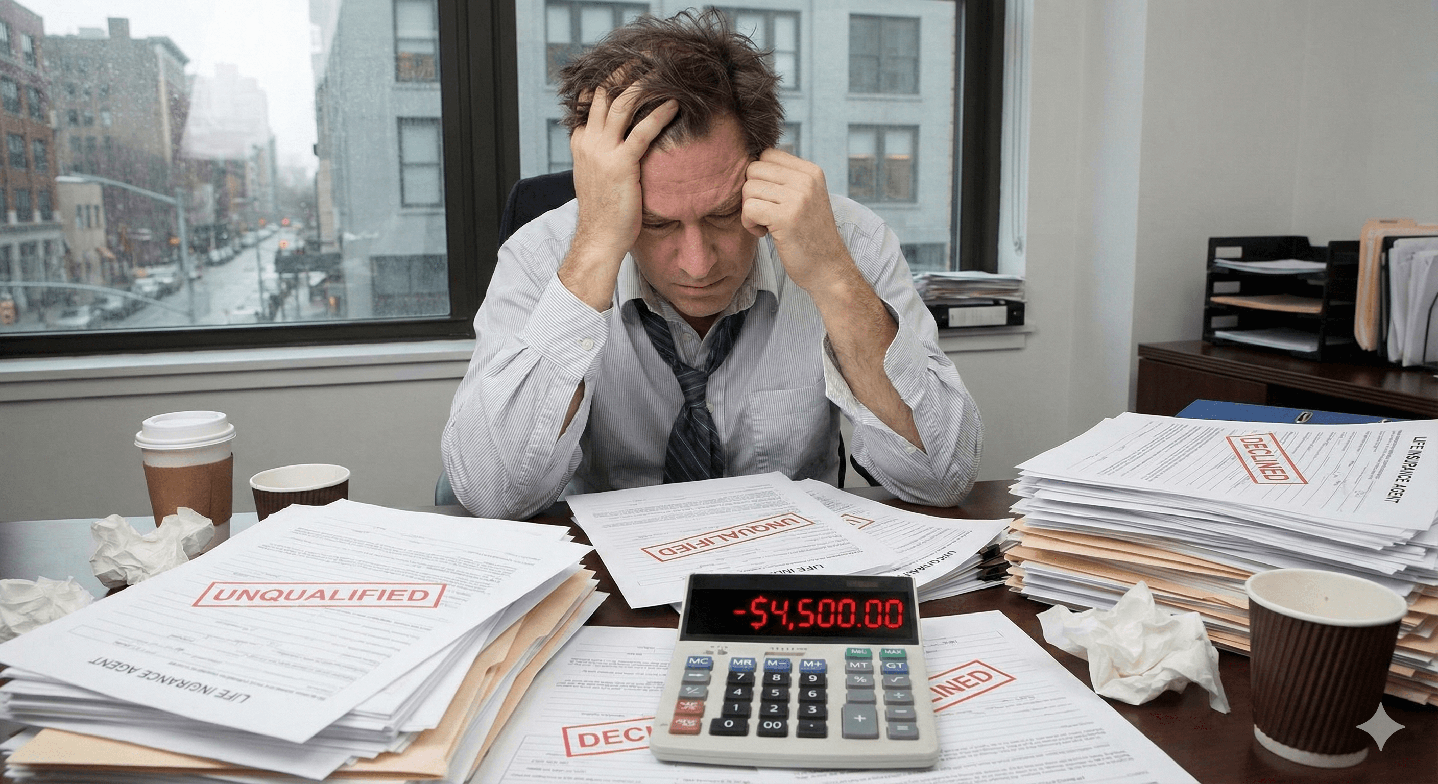 Frustrated life insurance agent calculating losses from buying life leads