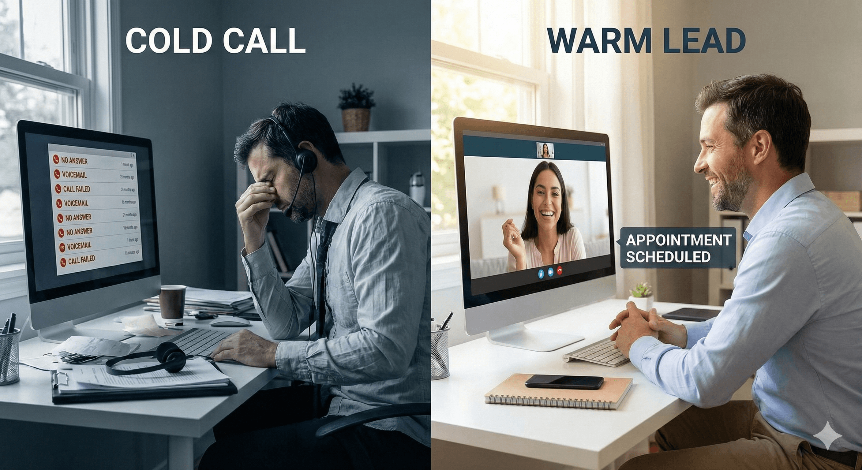 Split screen showing cold calling vs warm appointments for insurance leads