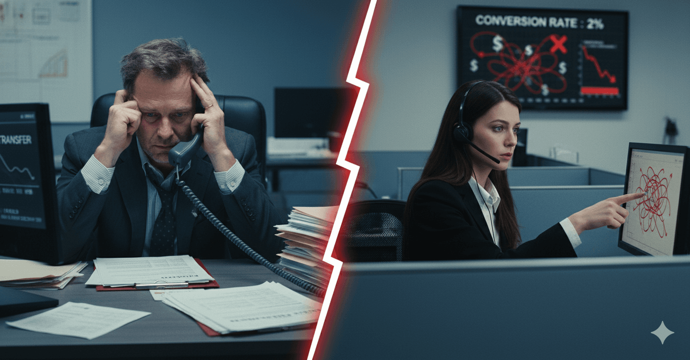 Life insurance agent receiving live transfer call with cost metrics visible