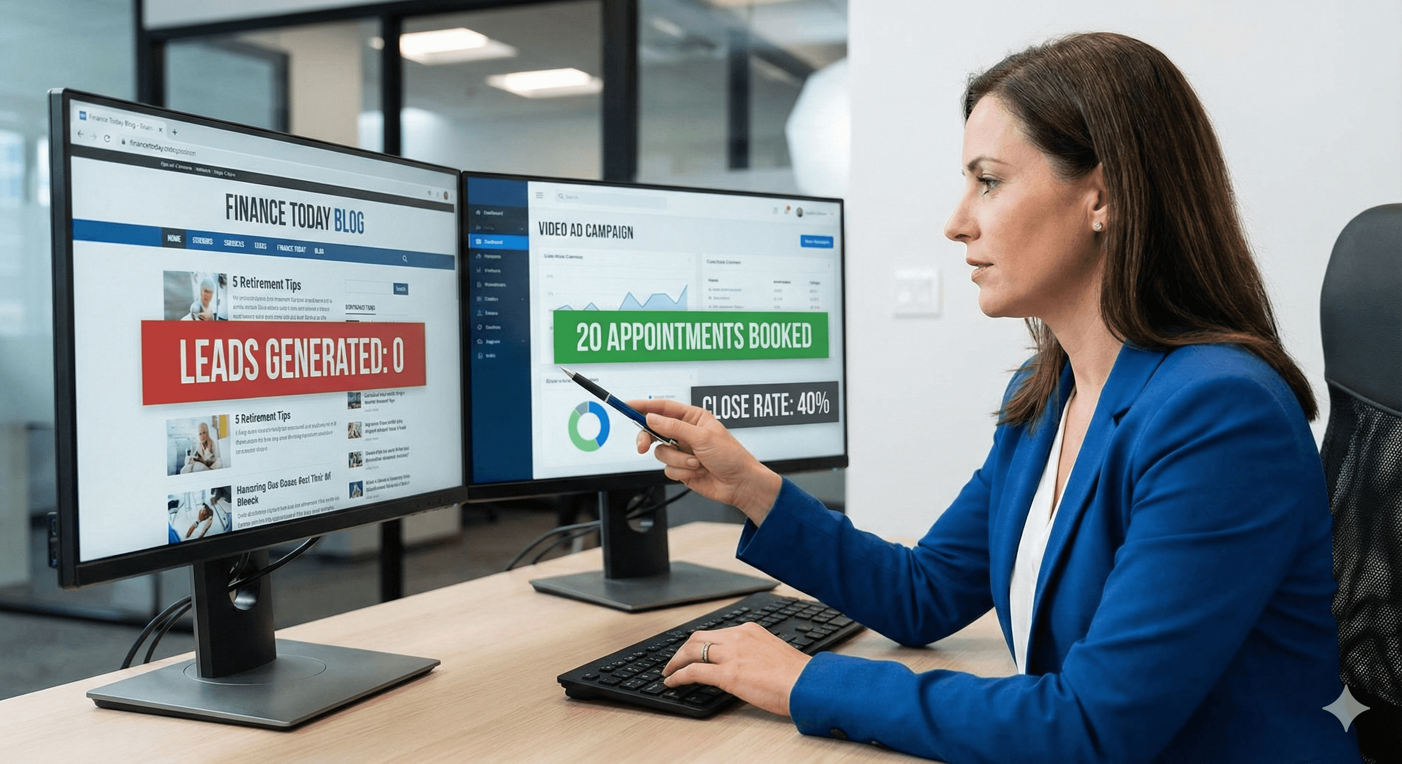 Financial advisor comparing traditional content marketing vs branded lead system