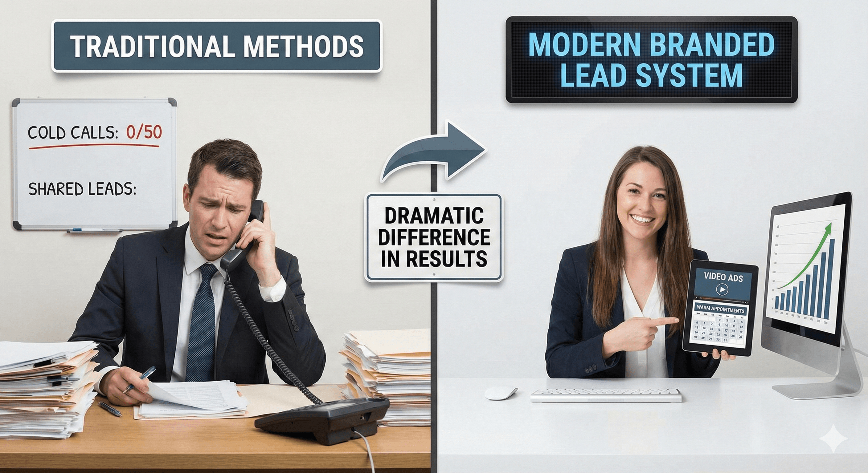 Life insurance agent comparing traditional vs modern marketing systems