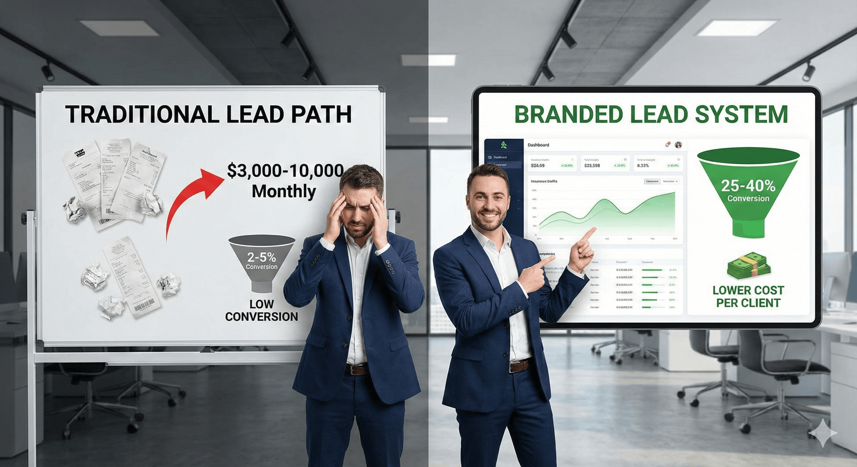 Insurance agent comparing traditional marketing firm vs branded lead system