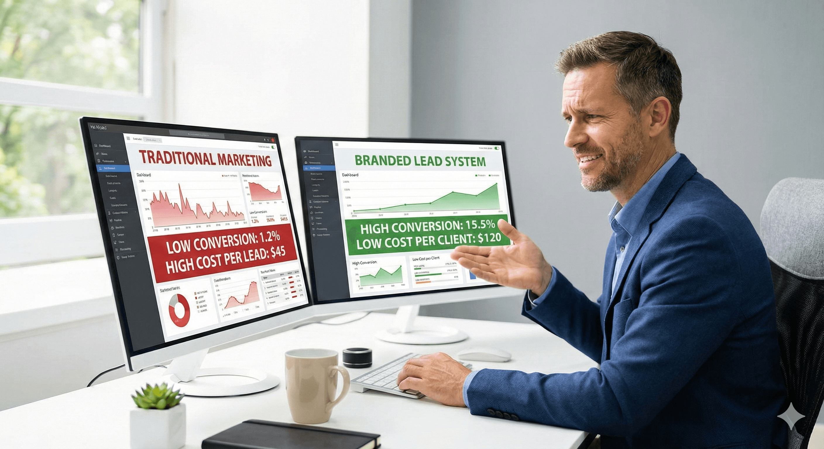 Insurance agent comparing traditional vs branded digital marketing systems