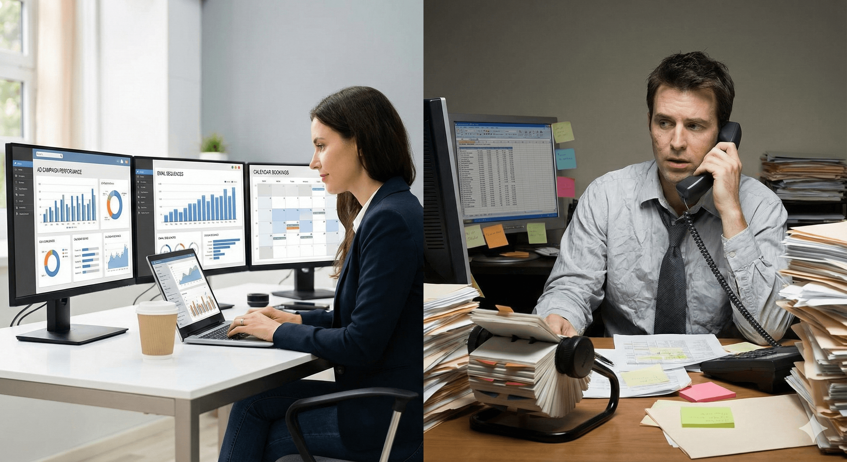 Life insurance agent comparing automated lead generation system vs manual cold calling