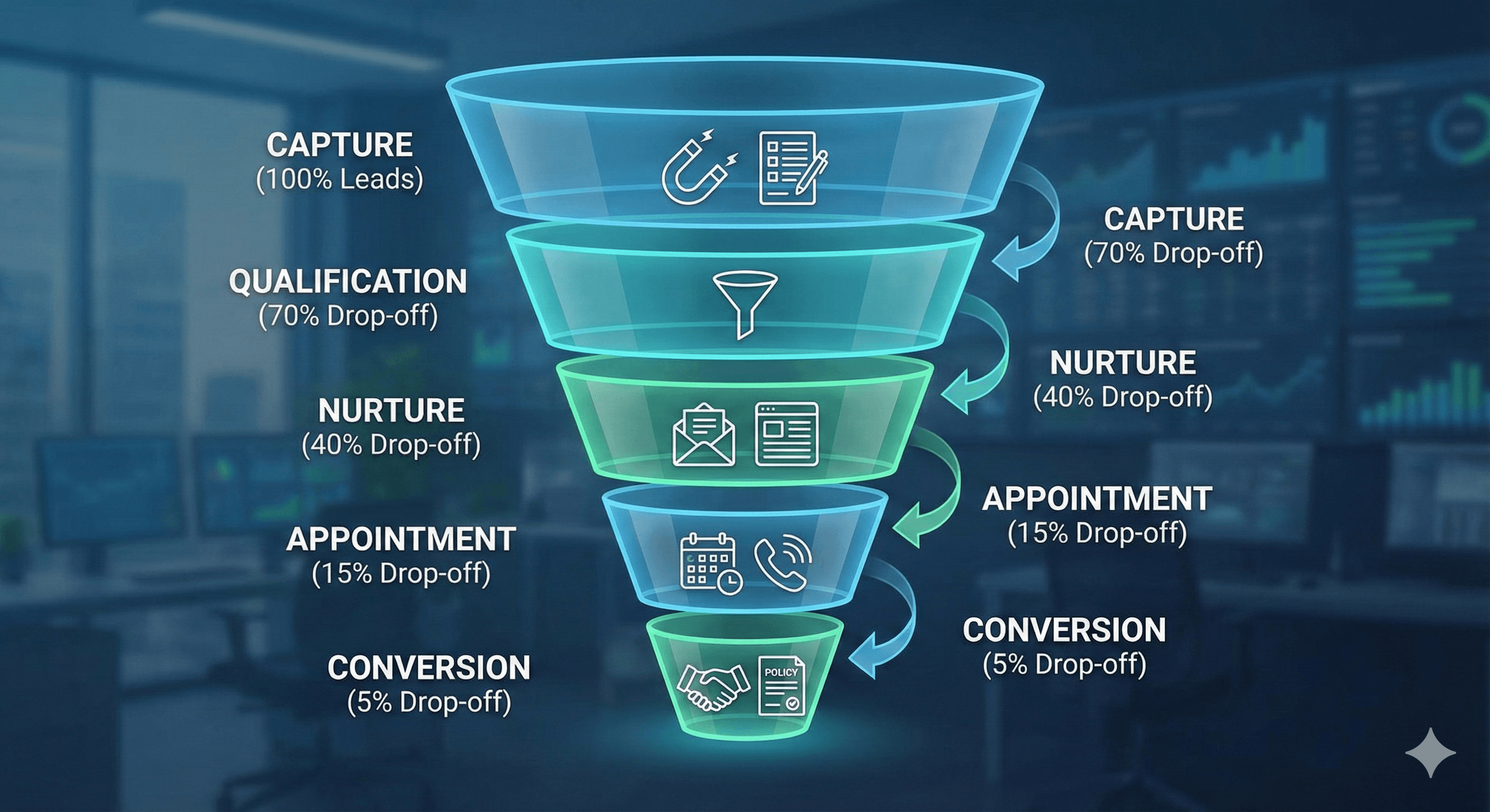 Insurance lead flow funnel showing five stages with conversion metrics